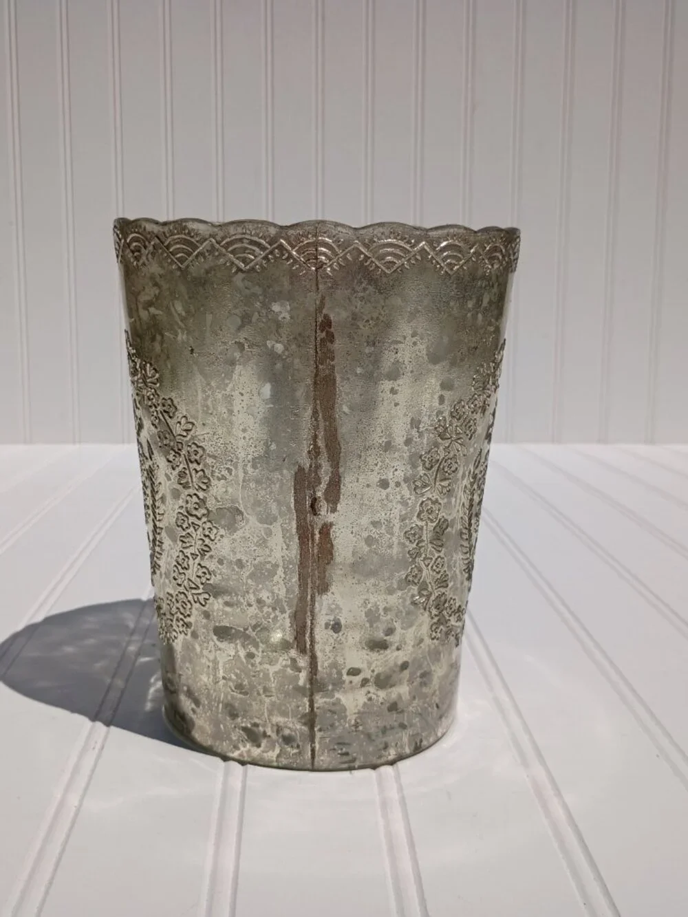 Vintage Glass Vase Floral Embossed Scalloped Rim Made in India Antique Style 7